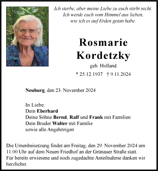 Traueranzeige von Rosmarie Kordetzky von Neuburger Rundschau