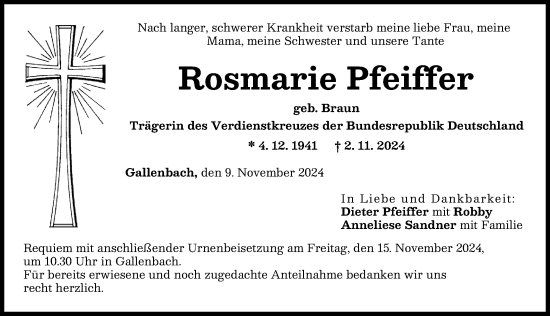 Traueranzeige von Rosmarie Pfeiffer von Augsburger Allgemeine