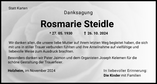 Traueranzeige von Rosmarie Steidle von Neu-Ulmer Zeitung