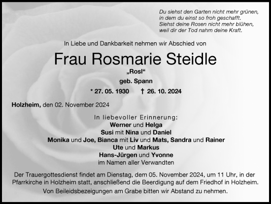 Traueranzeige von Rosmarie Steidle von Neu-Ulmer Zeitung