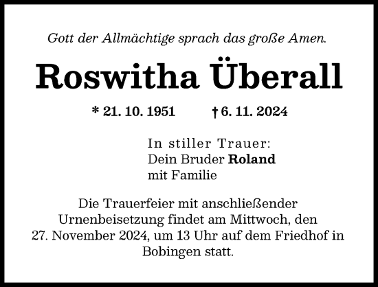 Traueranzeige von Roswitha Überall von Schwabmünchner Allgemeine