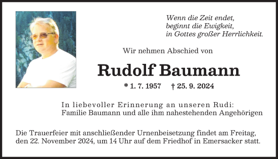 Traueranzeige von Rudolf Baumann von Wertinger Zeitung, Augsburger Allgemeine