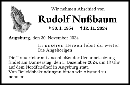 Traueranzeige von Rudolf Nußbaum von Augsburger Allgemeine