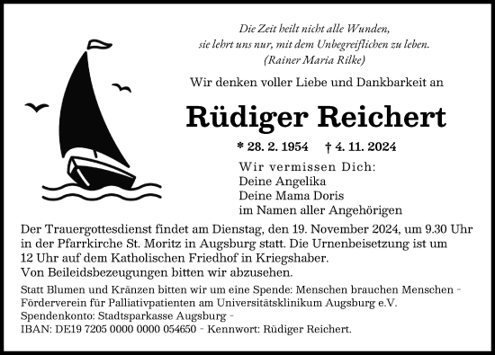 Traueranzeige von Rüdiger Reichert von Augsburger Allgemeine
