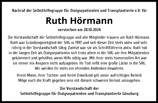 Traueranzeige von Ruth Hörmann von Günzburger Zeitung
