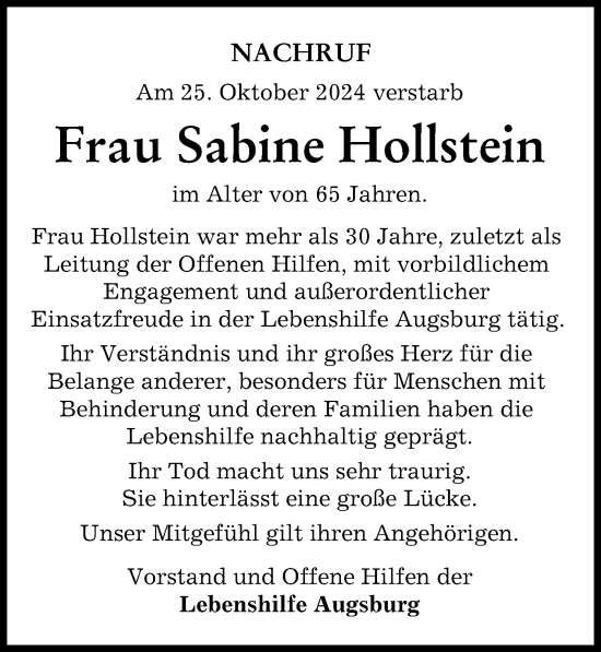 Traueranzeige von Sabine Hollstein von Augsburger Allgemeine