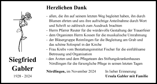 Traueranzeige von Siegfried Gabler von Rieser Nachrichten