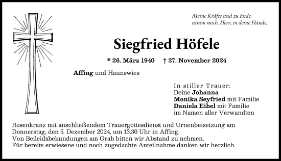 Traueranzeige von Siegfried Höfele von Aichacher Nachrichten