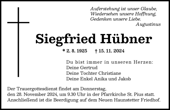 Traueranzeige von Siegfried Hübner von Augsburger Allgemeine