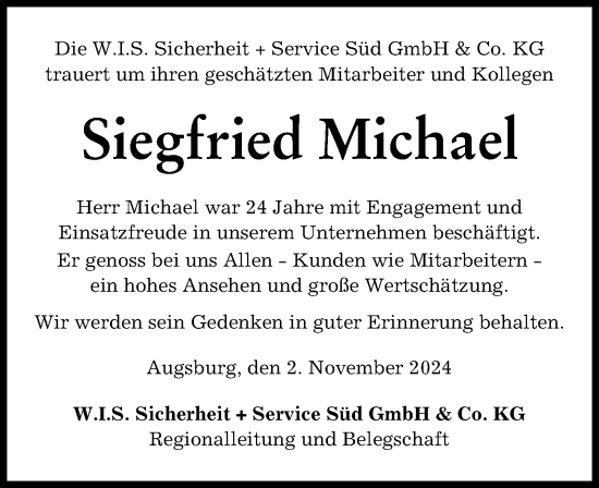 Traueranzeige von Siegfried Michael von Augsburger Allgemeine