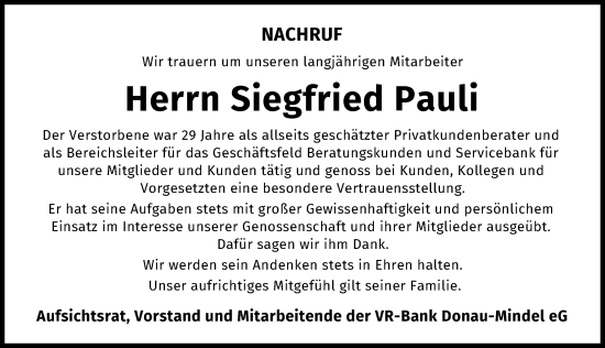 Traueranzeige von Siegfried Pauli von Günzburger Zeitung