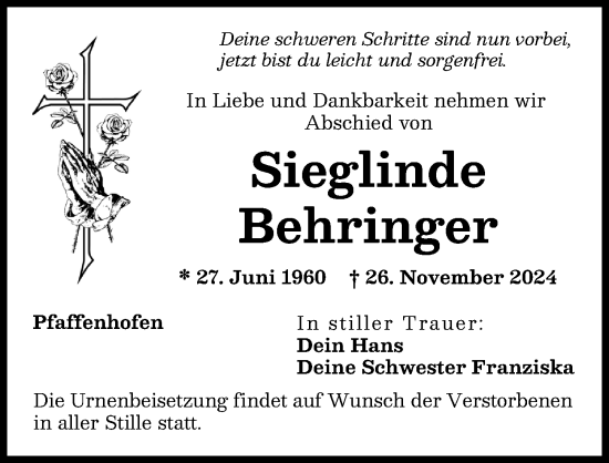 Traueranzeige von Sieglinde Behringer von Wertinger Zeitung