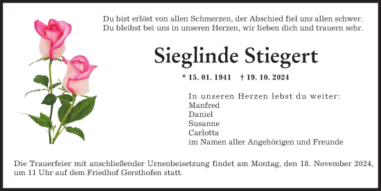 Traueranzeige von Sieglinde Stiegert von Augsburger Allgemeine