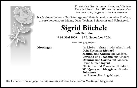 Traueranzeige von Sigrid Büchele von Donauwörther Zeitung