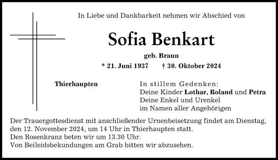 Traueranzeige von Sofia Benkart von Augsburg-Land