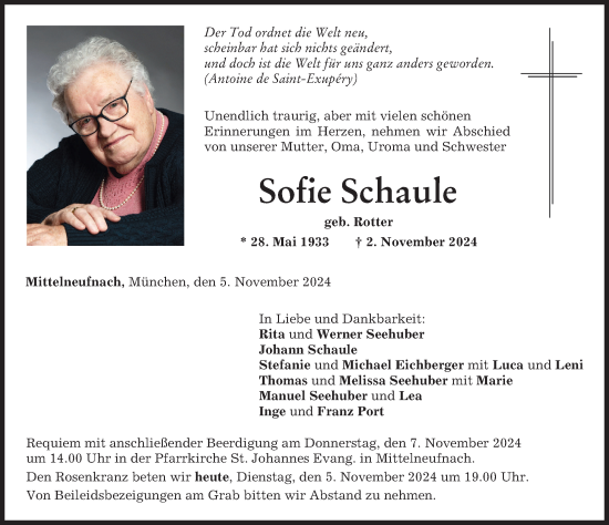 Traueranzeige von Sofie Schaule von Schwabmünchner Allgemeine