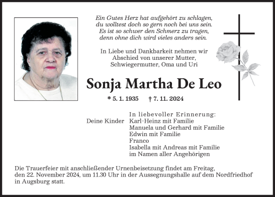 Traueranzeige von Sonja De Leo von Augsburger Allgemeine