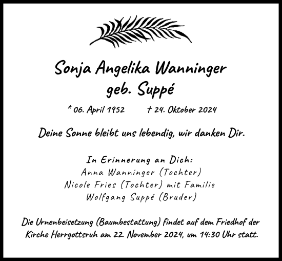 Traueranzeige von Sonja Angelika Wanninger von Friedberger Allgemeine