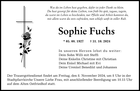 Traueranzeige von Sophie Fuchs von Augsburger Allgemeine