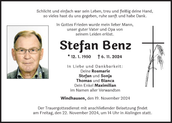 Traueranzeige von Stefan Benz von Donau Zeitung