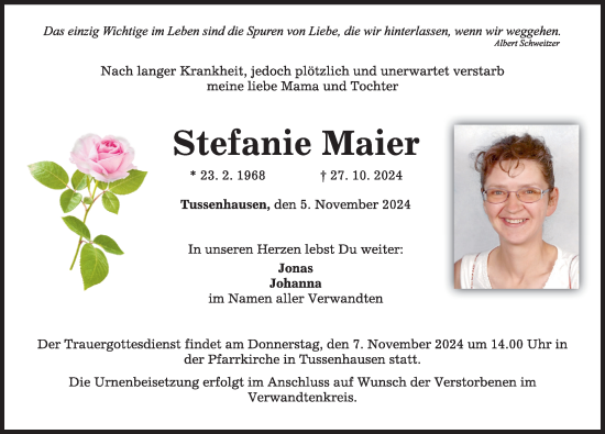 Traueranzeige von Stefanie Maier von Mindelheimer Zeitung