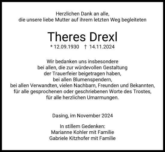 Traueranzeige von Theres Drexl von Friedberger Allgemeine