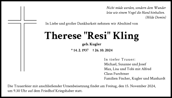 Traueranzeige von Therese Kling von Augsburger Allgemeine