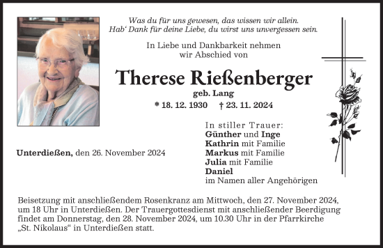 Traueranzeige von Therese Rießenberger von Landsberger Tagblatt