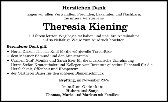 Traueranzeige von Theresia Kiening von Landsberger Tagblatt
