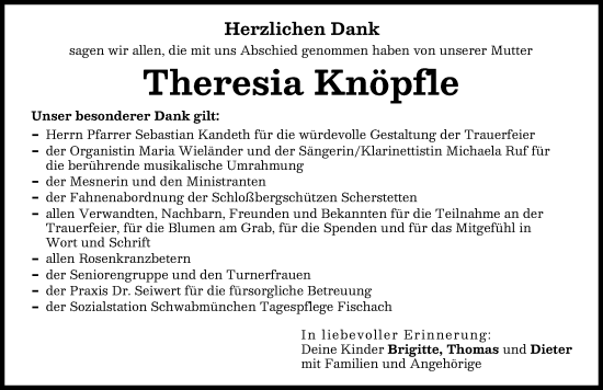 Traueranzeige von Theresia Knöpfle von Schwabmünchner Allgemeine
