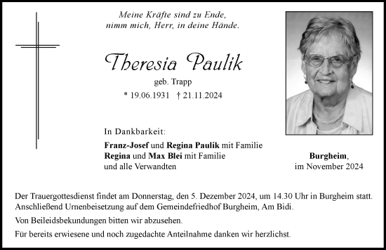 Traueranzeige von Theresia Paulik von Neuburger Rundschau
