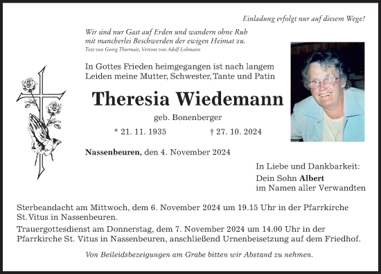 Traueranzeige von Theresia Wiedemann von Mindelheimer Zeitung