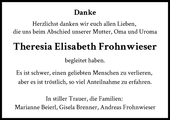 Traueranzeige von Theresia Elisabeth Frohnwieser von Augsburger Allgemeine