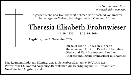 Traueranzeige von Theresia Elisabeth Frohnwieser von Augsburger Allgemeine