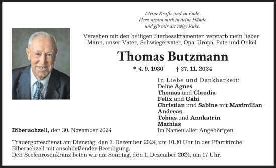Traueranzeige von Thomas Butzmann von Illertisser Zeitung, Neu-Ulmer Zeitung