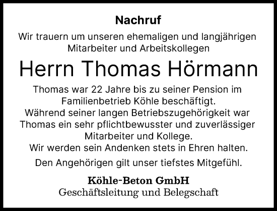 Traueranzeige von Thomas Hörmann von Augsburg-Land