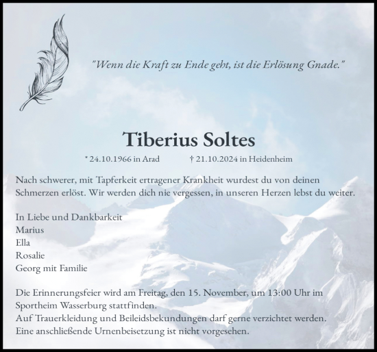 Traueranzeige von Tiberius Soltes von Günzburger Zeitung