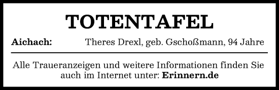 Traueranzeige von Totentafel vom 16.11.2024 von Aichacher Nachrichten
