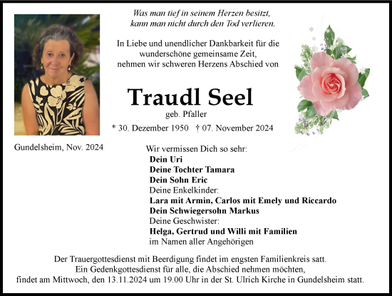 Traueranzeige von Traudl Seel von Donauwörther Zeitung