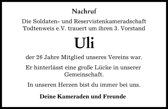 Traueranzeige von Uli  von Aichacher Nachrichten