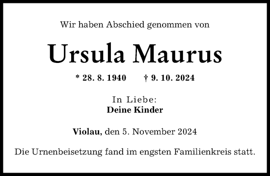 Traueranzeige von Ursula Maurus von Augsburg-Land