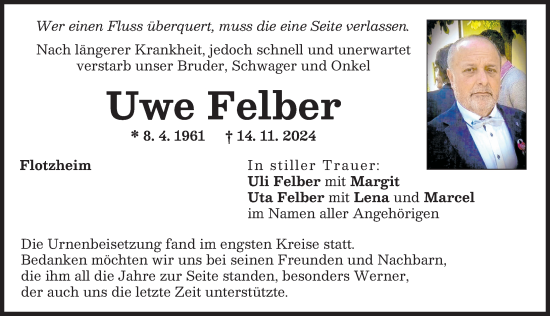 Traueranzeige von Uwe Felber von Donauwörther Zeitung