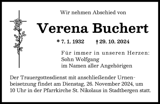 Traueranzeige von Verena Buchert von Augsburger Allgemeine