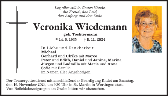 Traueranzeige von Veronika Wiedemann von Wertinger Zeitung