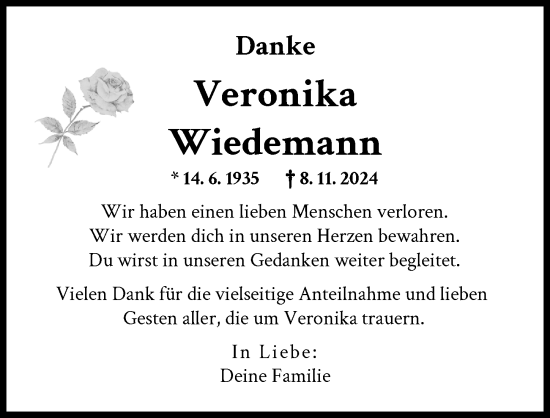 Traueranzeige von Veronika Wiedemann von Wertinger Zeitung