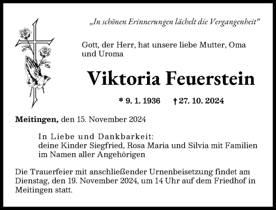 Traueranzeige von Viktoria Feuerstein von Wertinger Zeitung, Augsburger Allgemeine
