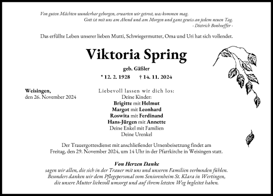 Traueranzeige von Viktoria Spring von Donau Zeitung