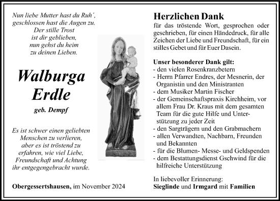 Traueranzeige von Walburga Erdle von Mindelheimer Zeitung, Mittelschwäbische Nachrichten
