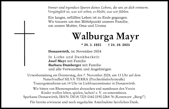 Traueranzeige von Walburga Mayr von Donauwörther Zeitung