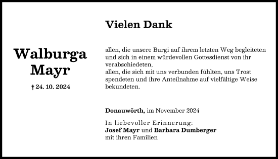 Traueranzeige von Walburga Mayr von Donauwörther Zeitung